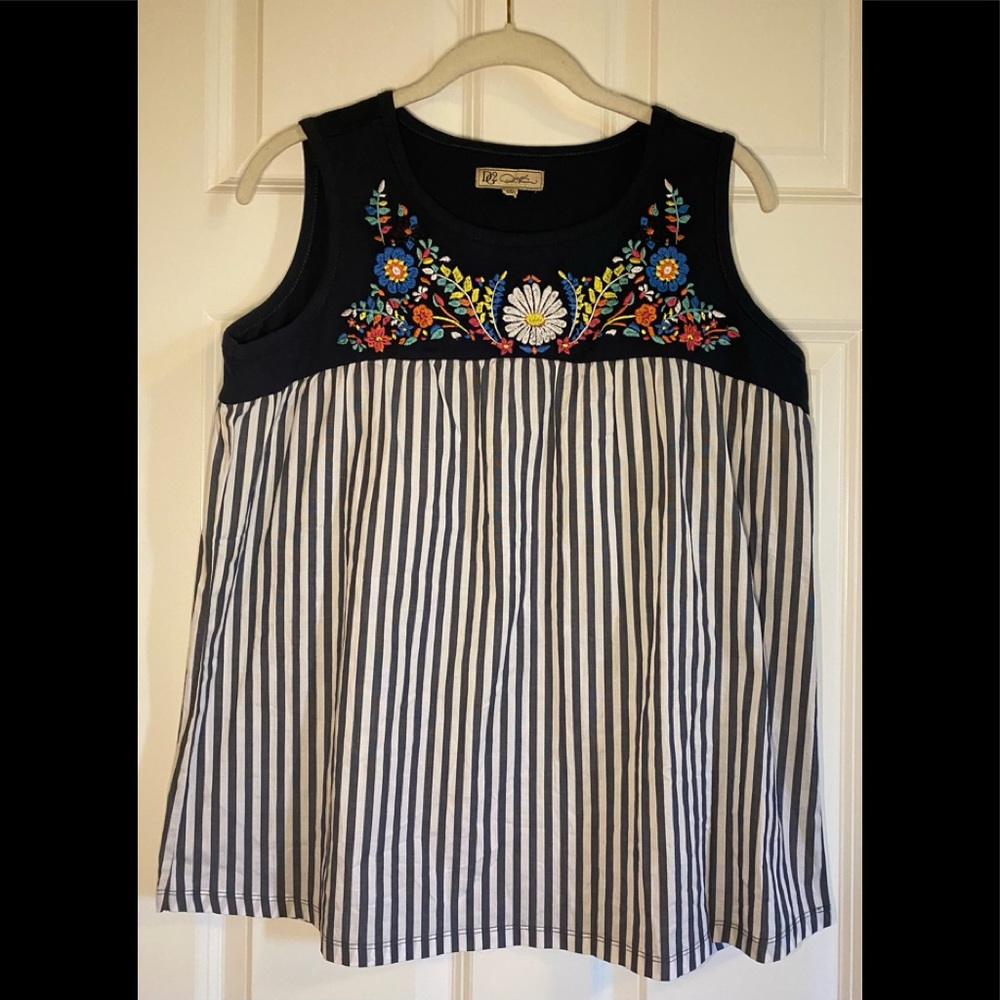 DG2 by Diane Gilman Black and White Striped Tank Top with Floral Embroidery